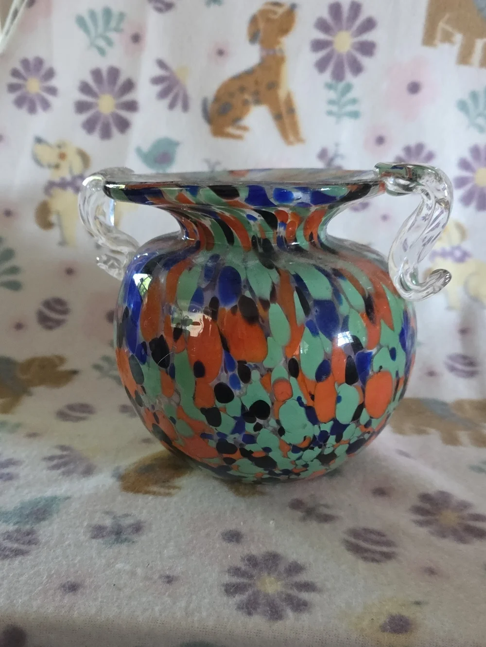 Colorful Handblown Glass Bulb Vase with Clear Handles